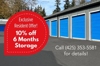 A storage facility is advertising a 10% discount on 6 months of storage for residents.